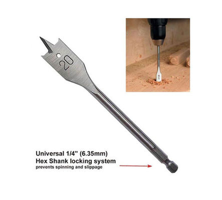 Wiertło łopatkowe z chwytem sześciokątnym do drewna - powłoka Ti-Coated, standard DIN